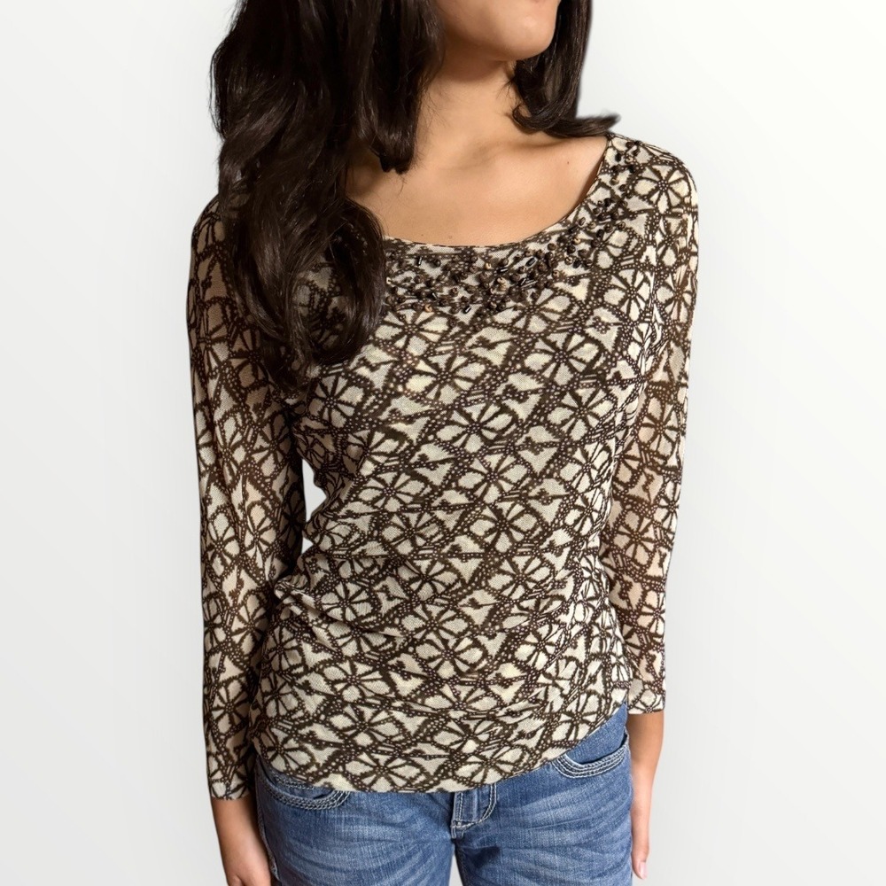 Anne Klein Y2K Beaded Mesh Long Sleeve‎ Blouse Top Size S 2000s